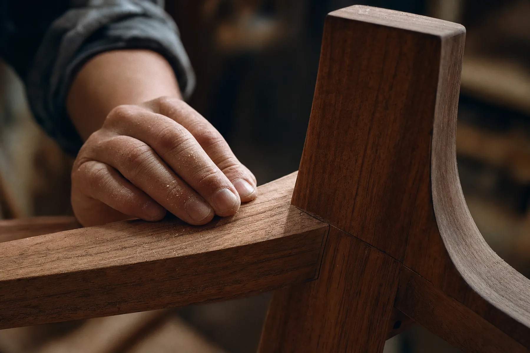 A hand checking the joint of a hardwood chair frame in a workshop