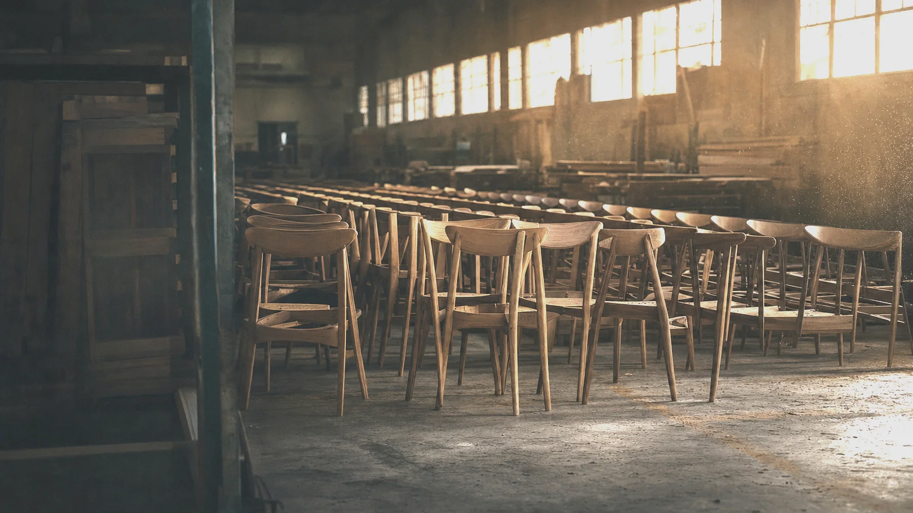 Chair frames on a furniture factory finishing floor