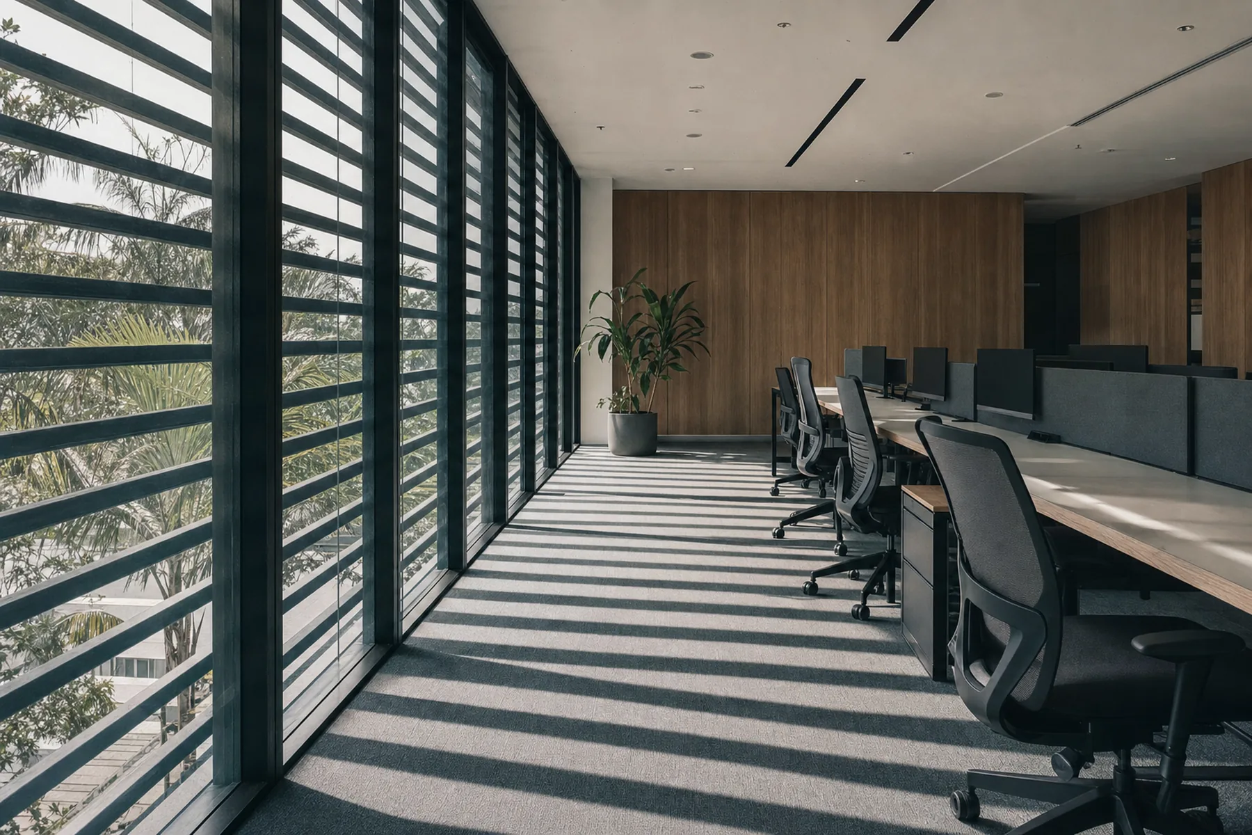 A completed office interior, natural light across the workspace
